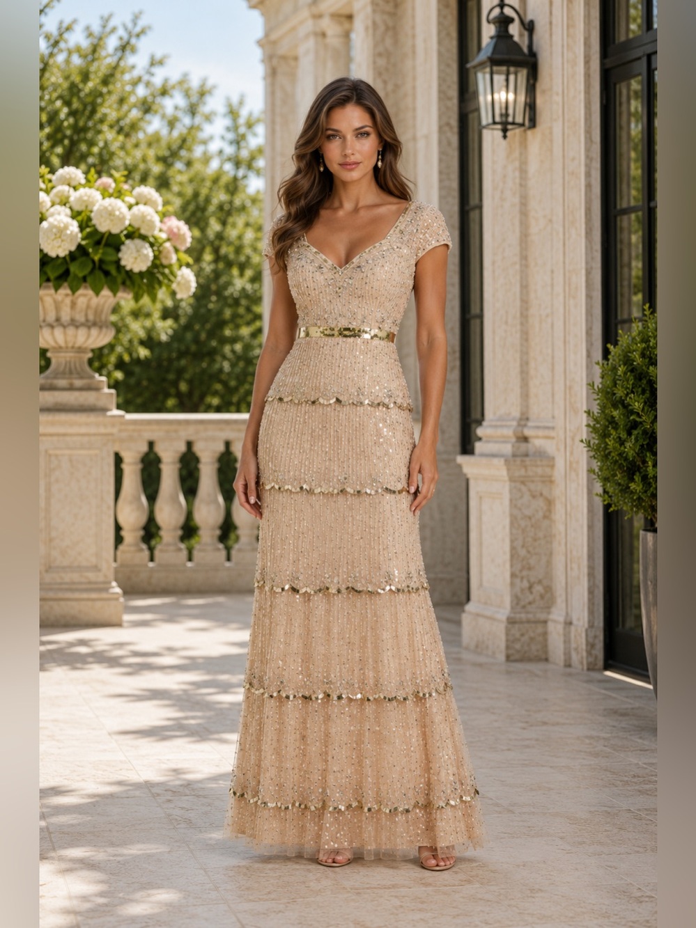 MAC DUGGAL Cap Sleeve Sweetheart Neckline Beaded Sequin Gown – Size 6 – 9089